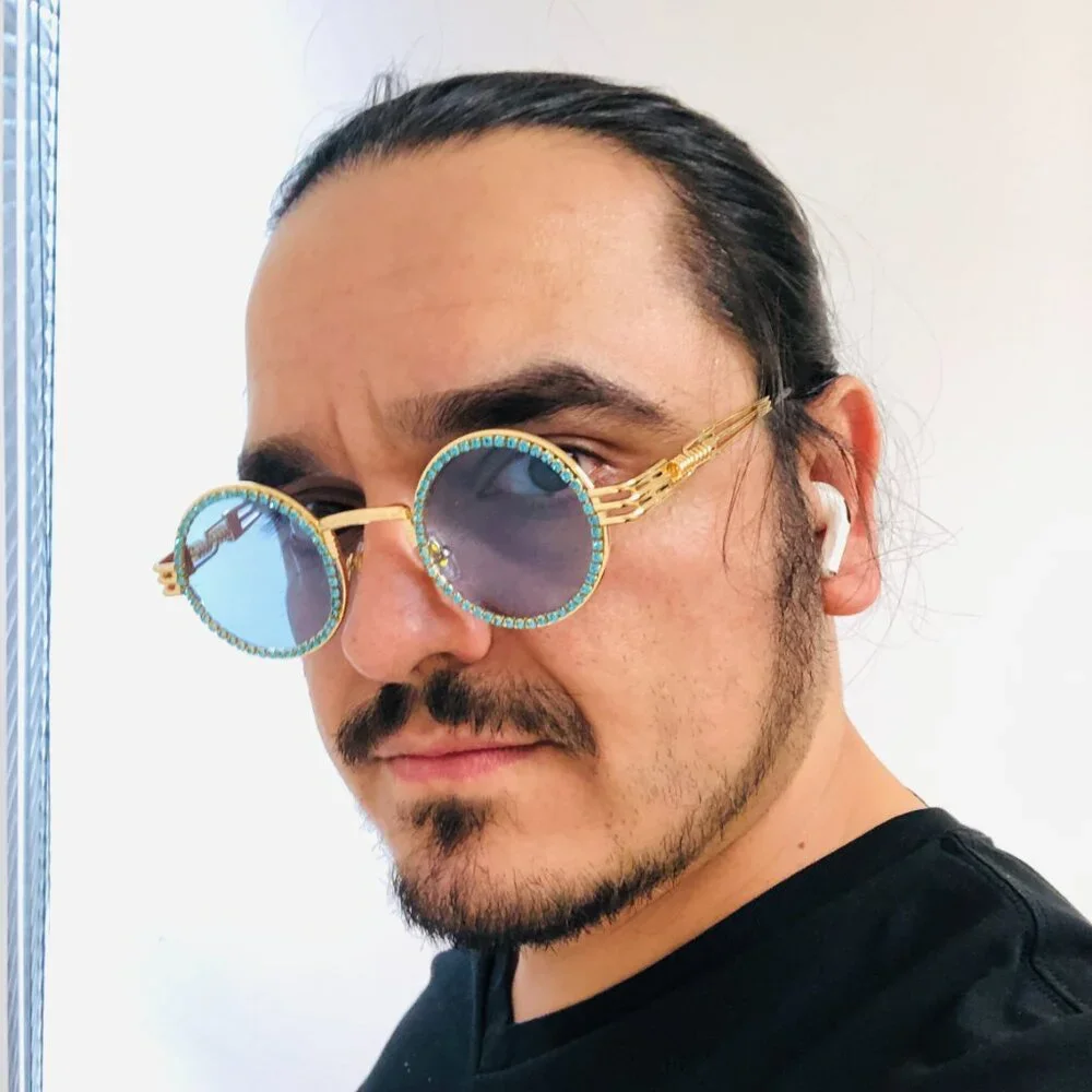 Men Women Sunglasses Blue Lens Fashion Diamond Retro‎ Classic Rhine Stone Gold